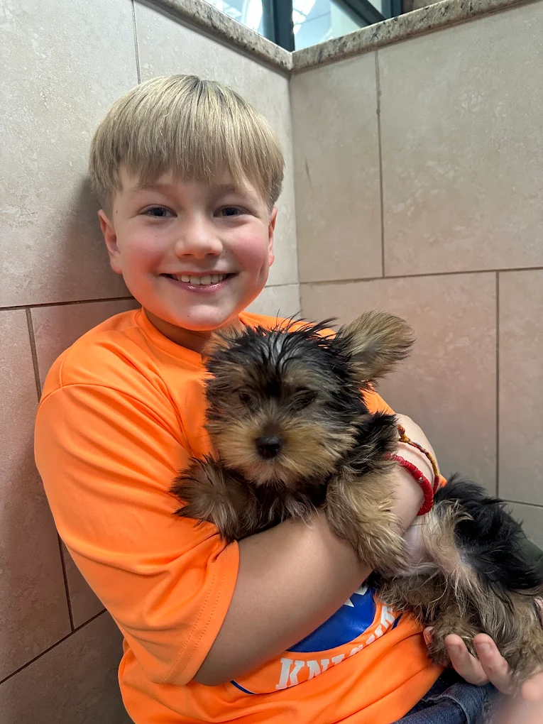 Child holding a puppy at Petland Mall of Georgia
